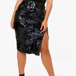 Boohoo Plus Sz Melissa Floral Sequin Thigh Split Midi Skirt Black/Navy Sz 14 US
